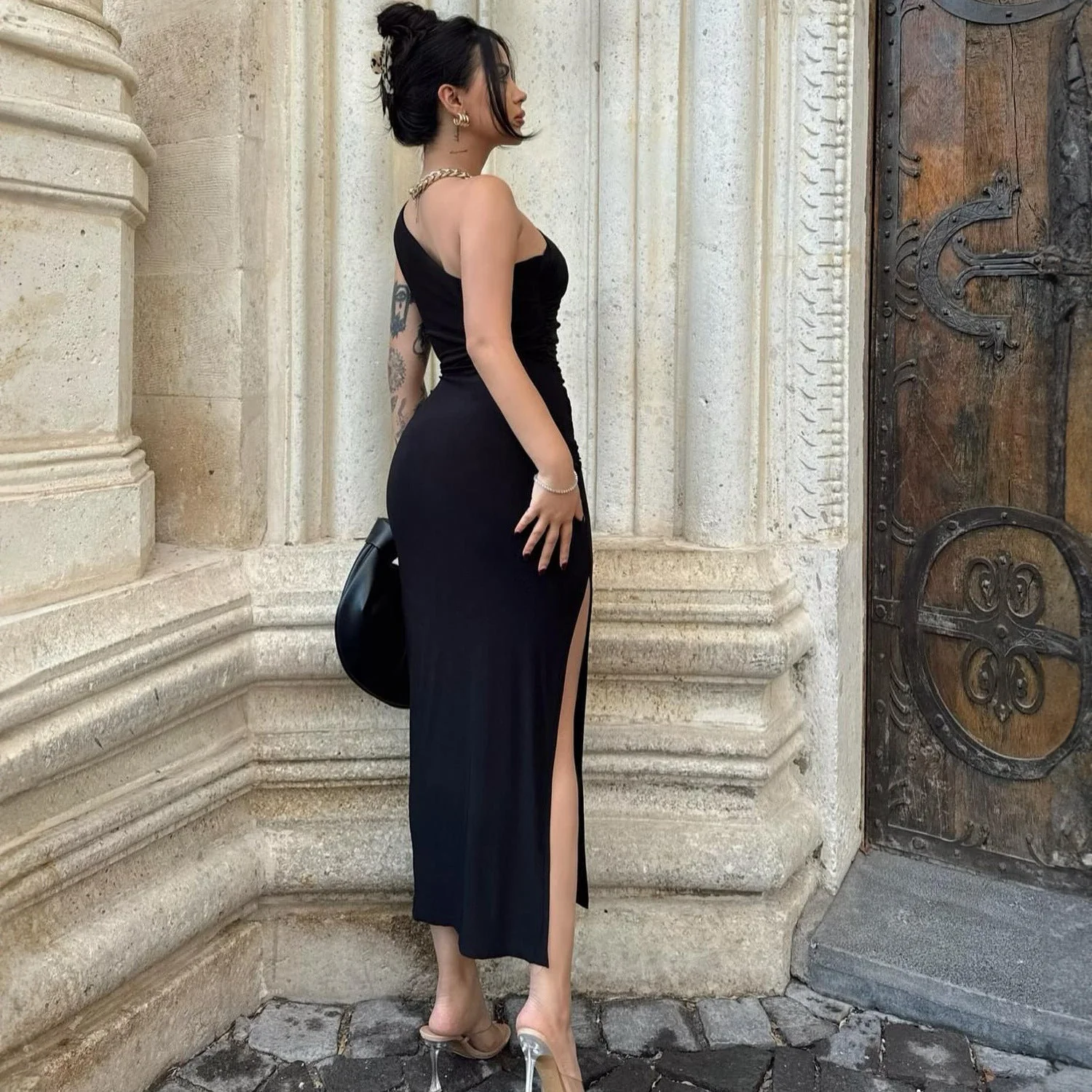The Ocean Allure | Solid Color Slant-Shoulder Backless Slit Maxi Dress - Image 19