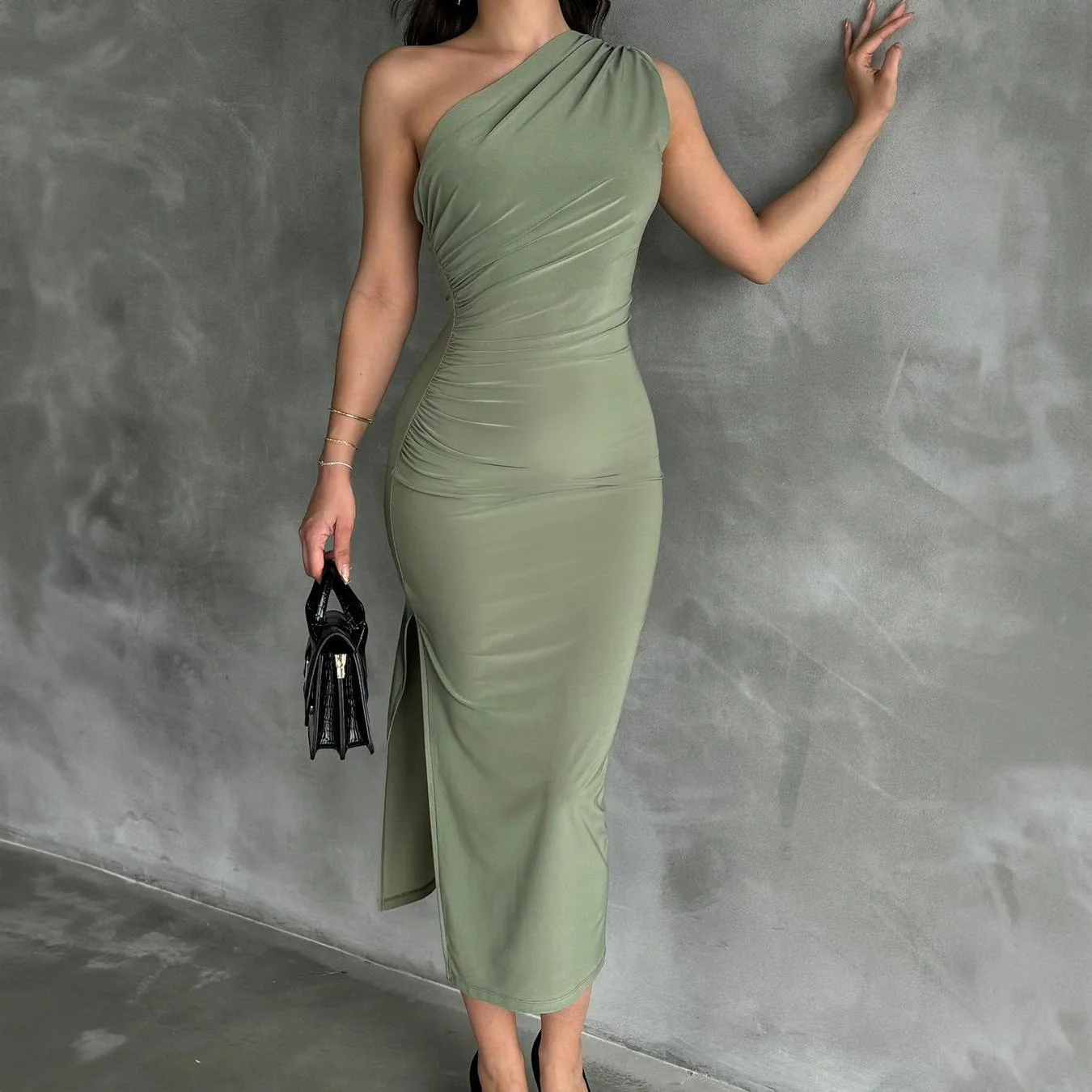 The Ocean Allure | Solid Color Slant-Shoulder Backless Slit Maxi Dress - Image 24