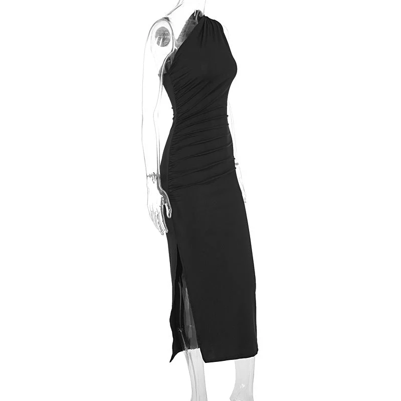 The Ocean Allure | Solid Color Slant-Shoulder Backless Slit Maxi Dress - Image 34