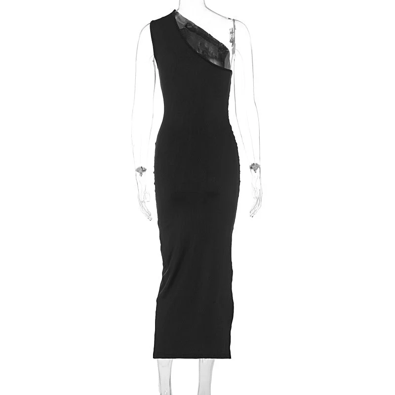 The Ocean Allure | Solid Color Slant-Shoulder Backless Slit Maxi Dress - Image 35