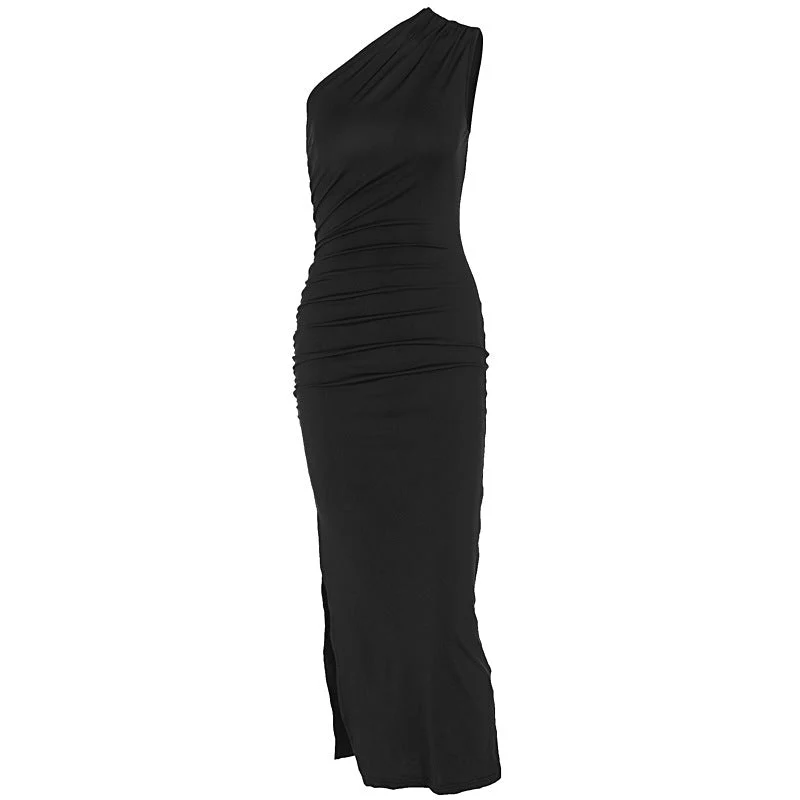 The Ocean Allure | Solid Color Slant-Shoulder Backless Slit Maxi Dress - Image 39