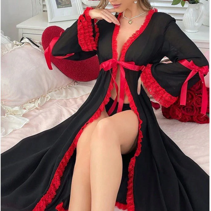 The Onyx Longline | Sheer Lace Trim Summer Robe & Housecoat