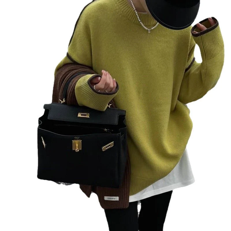 The Phoenix Contrast | Solid Color Crew Neck Color-Matching Knit Pullover Sweater - Image 5