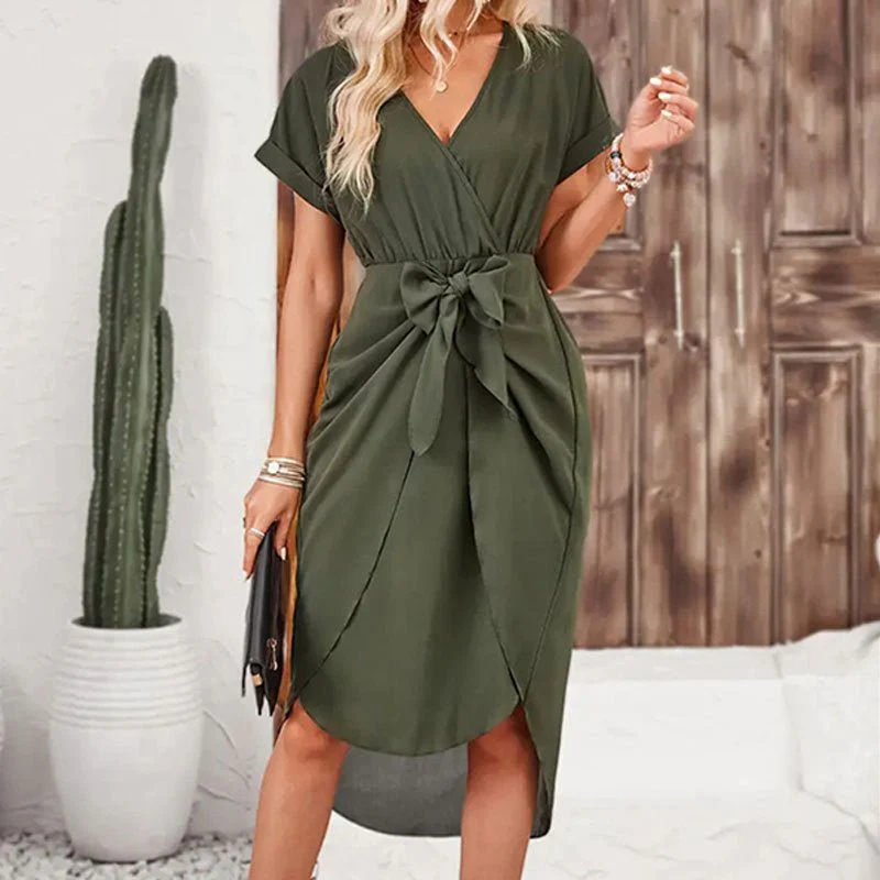 The Playful Knot | Solid Color V-Neck Wrap Slit Short Dress - Image 10