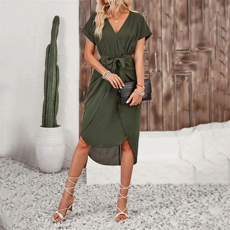The Playful Knot | Solid Color V-Neck Wrap Slit Short Dress - Image 11