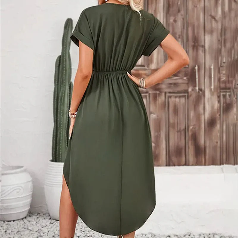 The Playful Knot | Solid Color V-Neck Wrap Slit Short Dress - Image 12