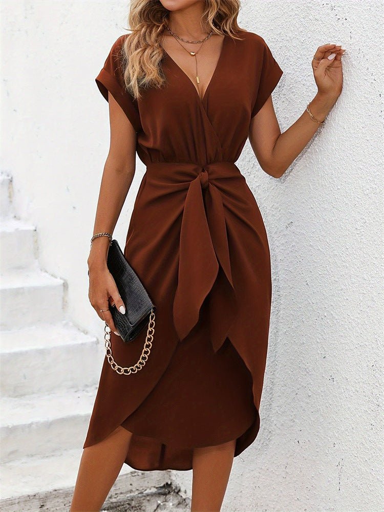 The Playful Knot | Solid Color V-Neck Wrap Slit Short Dress - Image 13