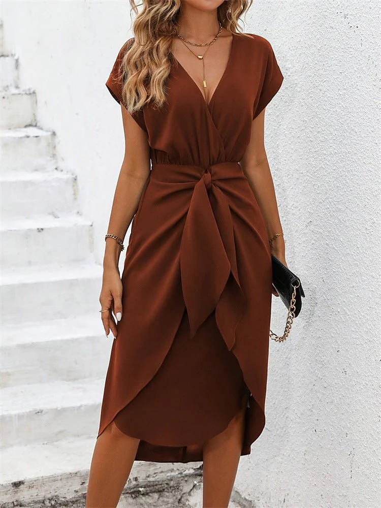 The Playful Knot | Solid Color V-Neck Wrap Slit Short Dress - Image 14