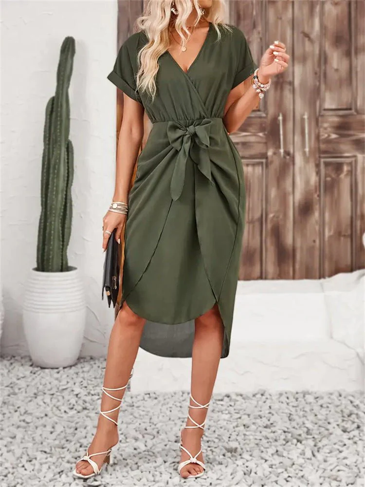 The Playful Knot | Solid Color V-Neck Wrap Slit Short Dress - Image 23
