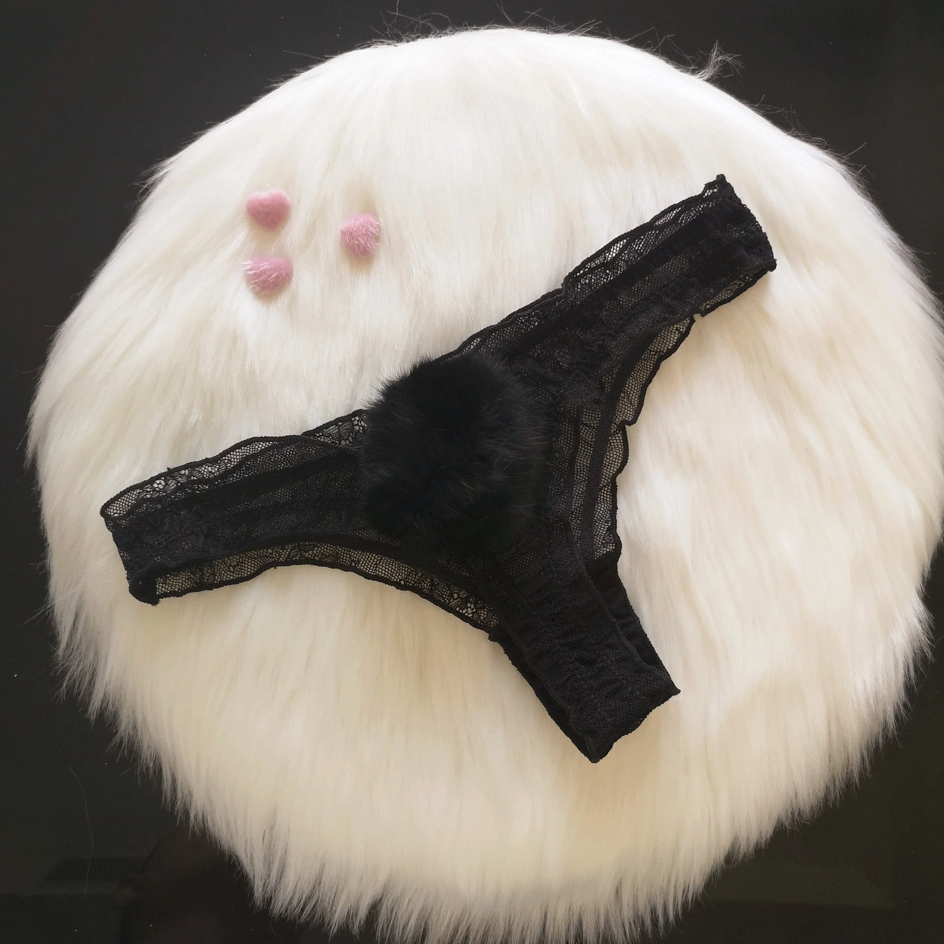 The Playful Whisper | Detachable Rabbit Fur Ball Lace T-Back Thong (FD) - Image 2