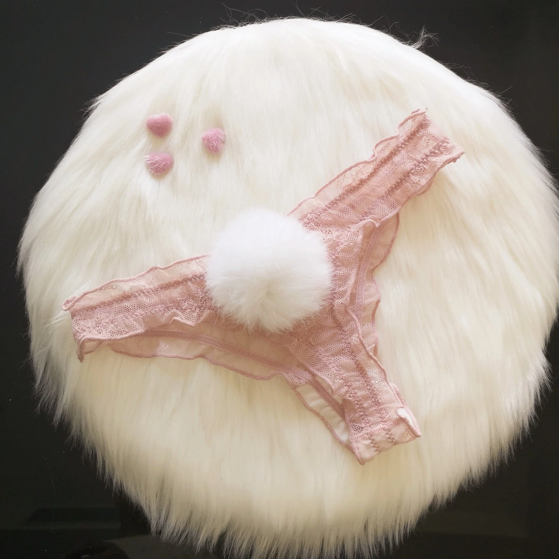 The Playful Whisper | Detachable Rabbit Fur Ball Lace T-Back Thong (FD) - Image 3