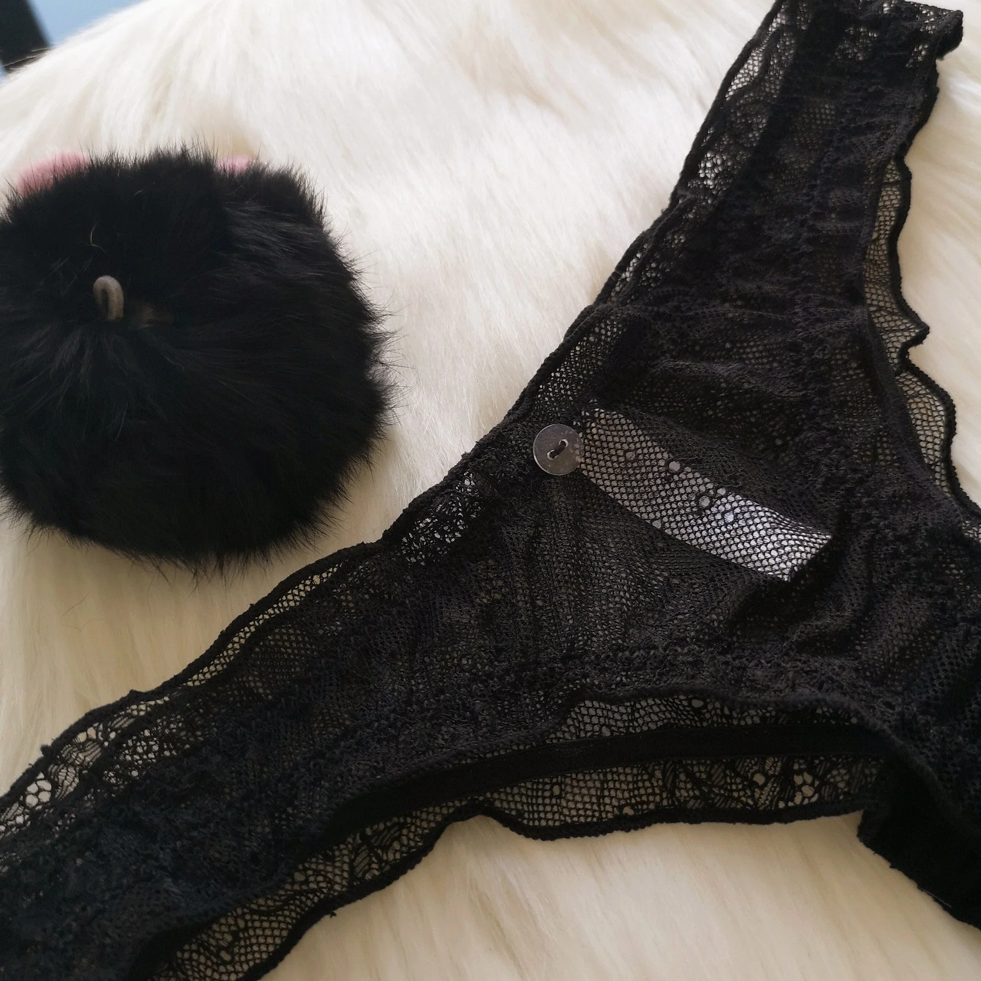 The Playful Whisper | Detachable Rabbit Fur Ball Lace T-Back Thong (FD) - Image 9