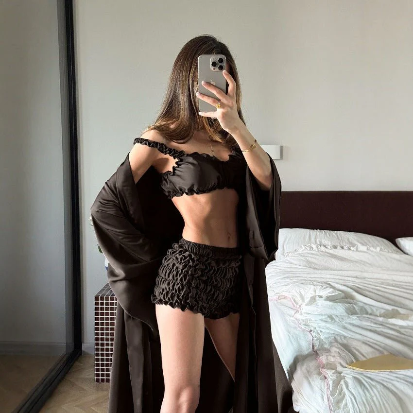 The Pleated Satin | Solid Color Pleated Strap Cami, Shorts & Long Cardigan Three-Piece Set