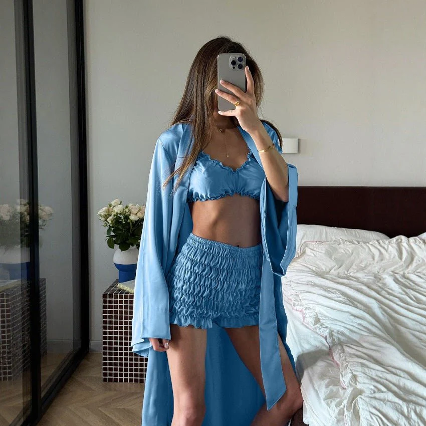 The Pleated Satin | Solid Color Pleated Strap Cami, Shorts & Long Cardigan Three-Piece Set - Image 4
