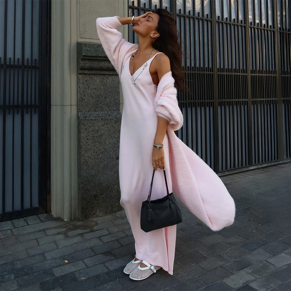 The Plush Elegance | Solid Color V-Neck Long Plush Cardigan Sweater - Image 2