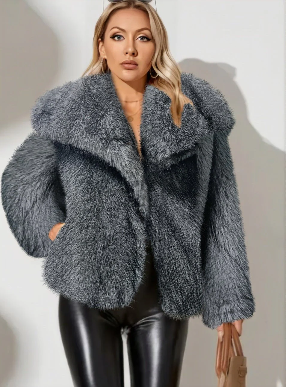 The Plush Elegance | Women's Short Faux Fur Lapel Coat FD - Image 13