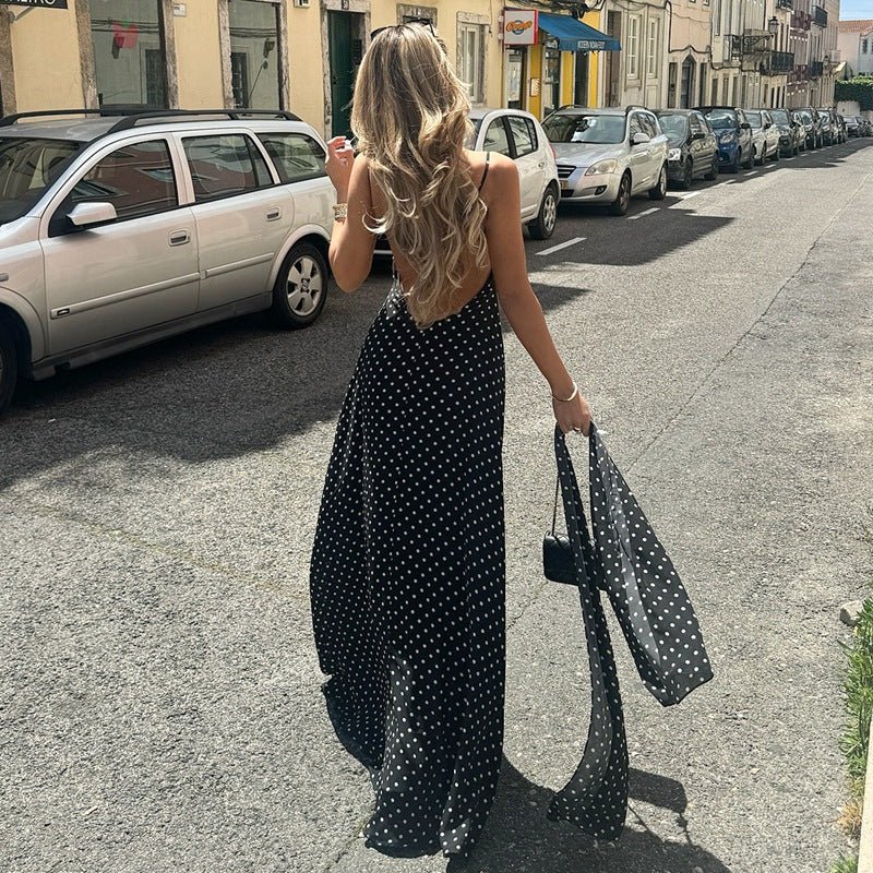 The Polka Dot Temptation | Black Polka Dot V-Neck Backless Maxi Swing Dress - Image 4