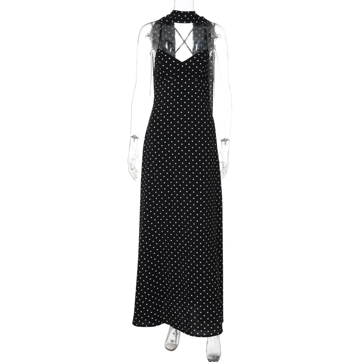 The Polka Dot Temptation | Black Polka Dot V-Neck Backless Maxi Swing Dress - Image 6