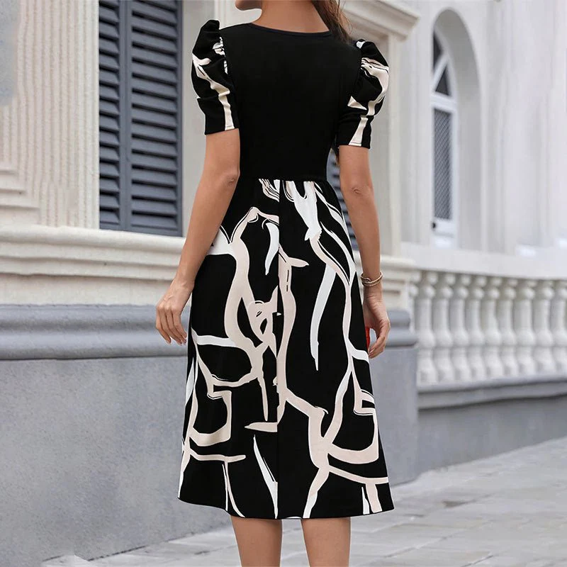 The Printed Grace | Knitted Printed Puff-Sleeve A-Line Midi Dress - Image 11