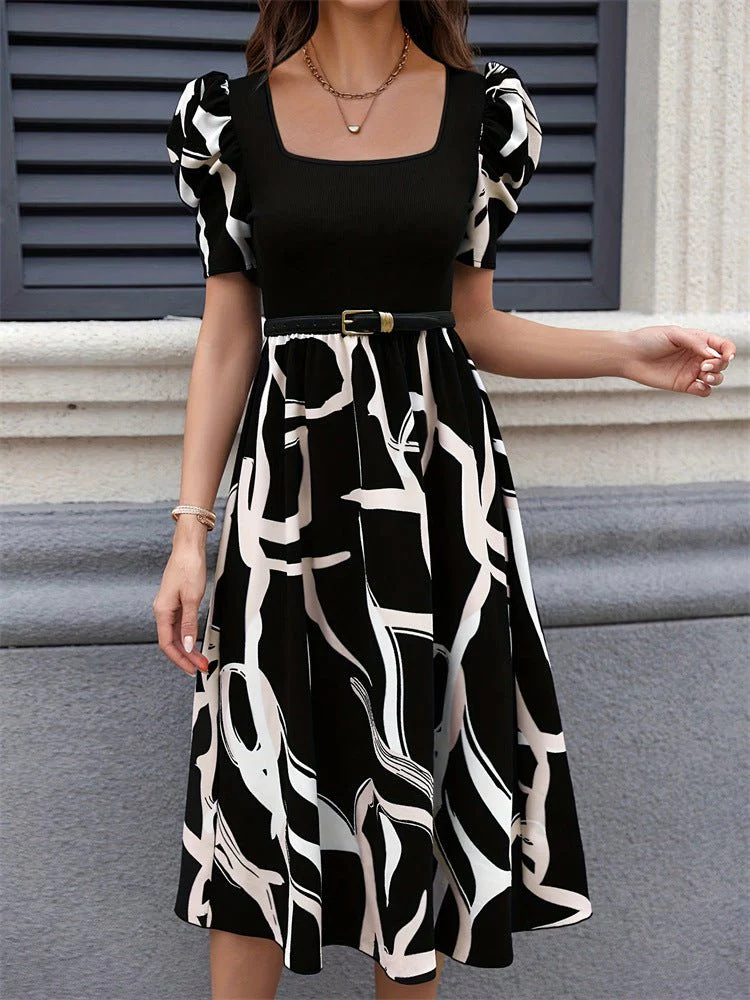 The Printed Grace | Knitted Printed Puff-Sleeve A-Line Midi Dress - Image 12
