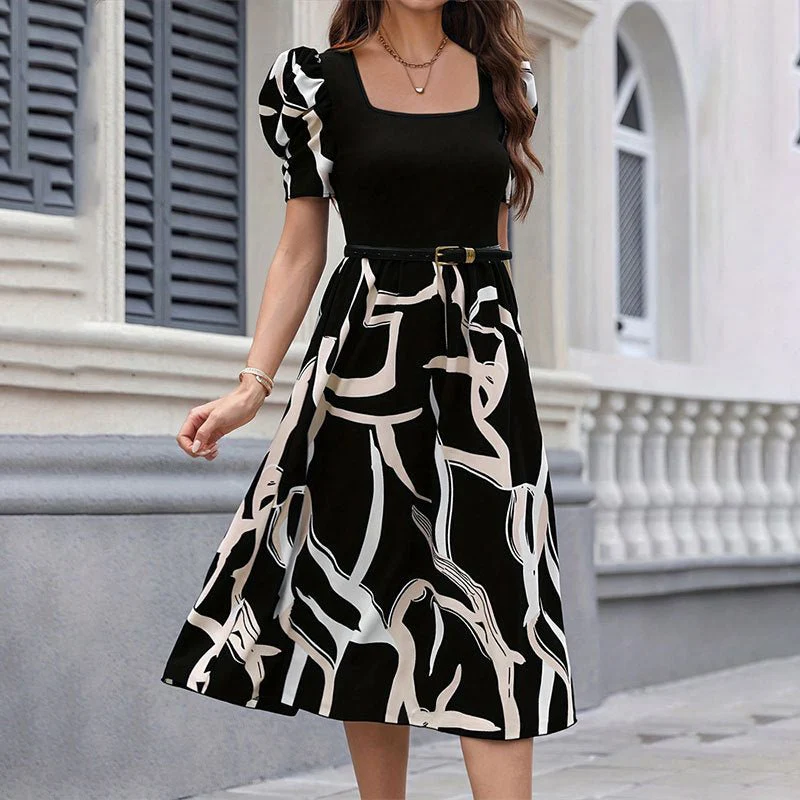 The Printed Grace | Knitted Printed Puff-Sleeve A-Line Midi Dress - Image 8