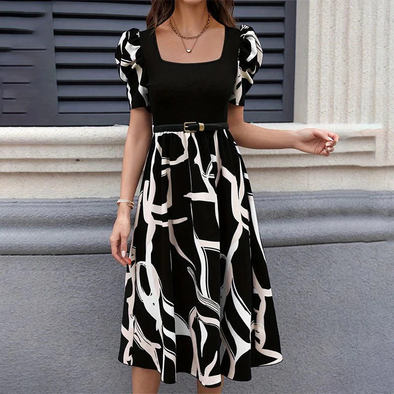 The Printed Grace | Knitted Printed Puff-Sleeve A-Line Midi Dress - Image 9