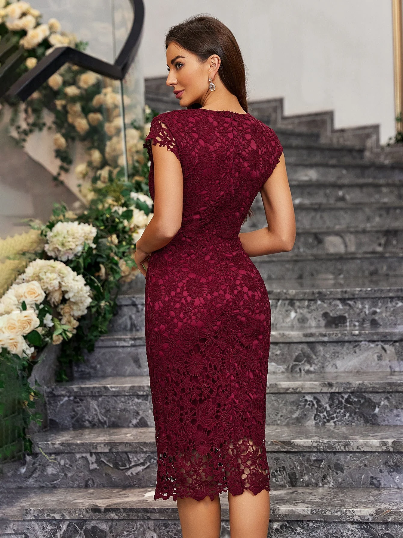The Punk Edge | Women's Lace Hollow Bodycon Pencil Midi Dress - Image 12