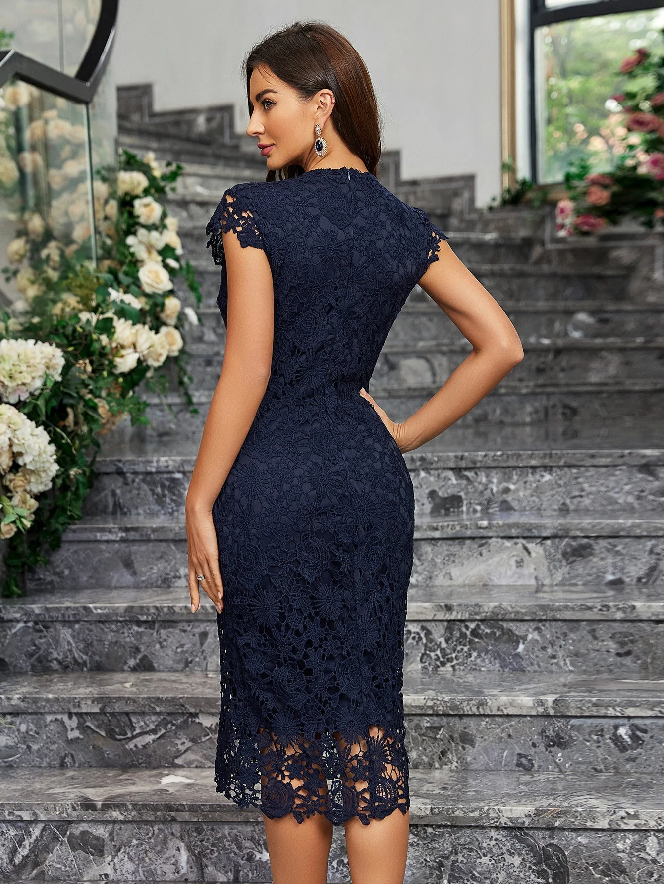 The Punk Edge | Women's Lace Hollow Bodycon Pencil Midi Dress - Image 23