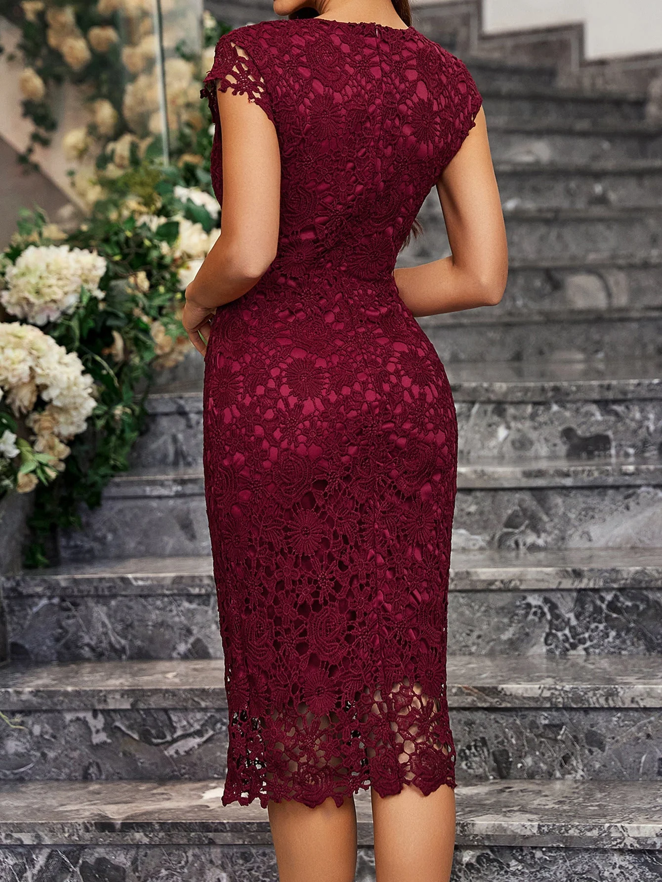 The Punk Edge | Women's Lace Hollow Bodycon Pencil Midi Dress - Image 7