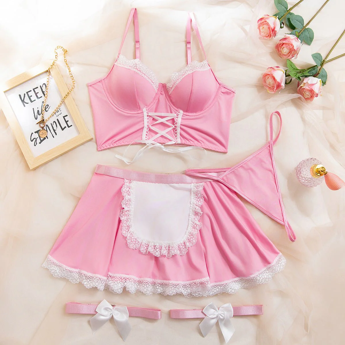 The Pure Desire | Lace Half-Chest Strap Maid Apron Four-Piece Set - Image 3