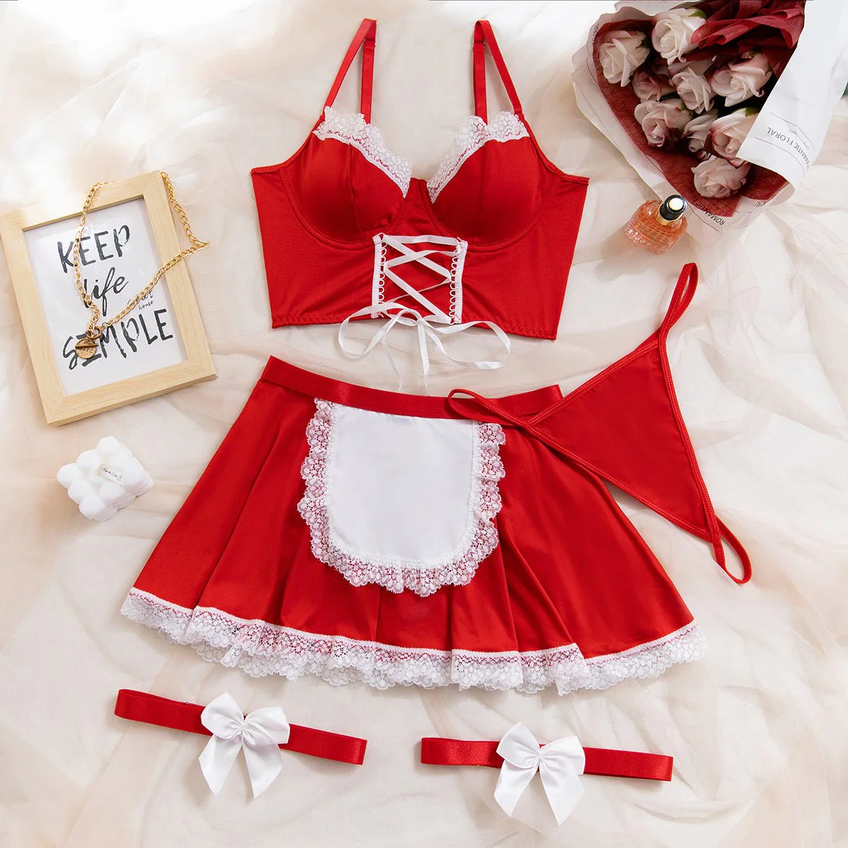 The Pure Desire | Lace Half-Chest Strap Maid Apron Four-Piece Set - Image 4
