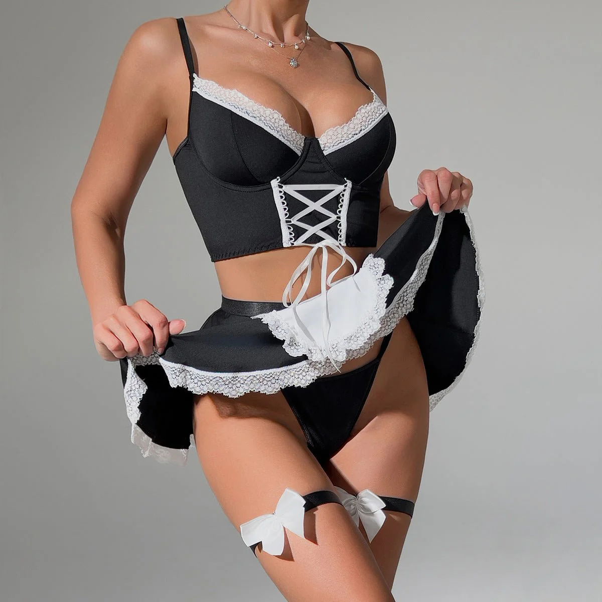 The Pure Desire | Lace Half-Chest Strap Maid Apron Four-Piece Set - Image 6