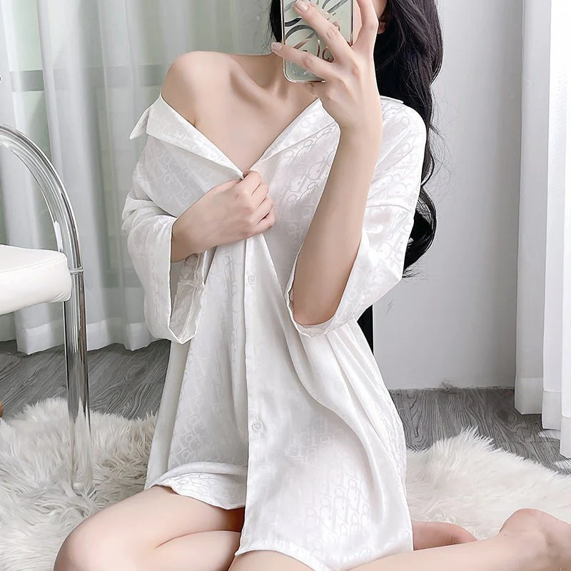 The Pure Desire | Women's Ice & Snow Silk Short Jacquard Shirt Dress - Image 3