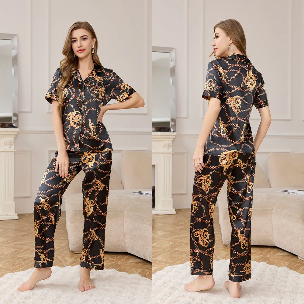 The Radiant Escape | Women's Ice Silk Printed Lapel Pajama Set - Image 10