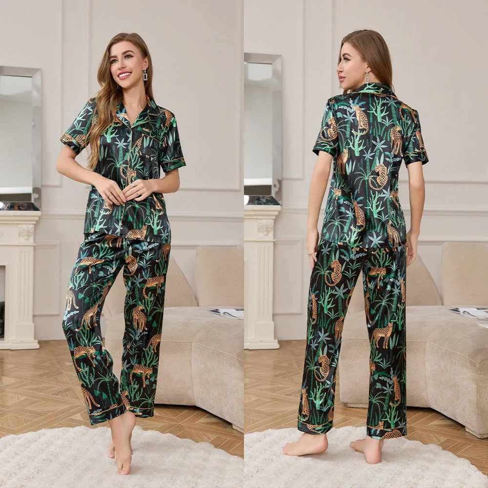 The Radiant Escape | Women's Ice Silk Printed Lapel Pajama Set - Image 11