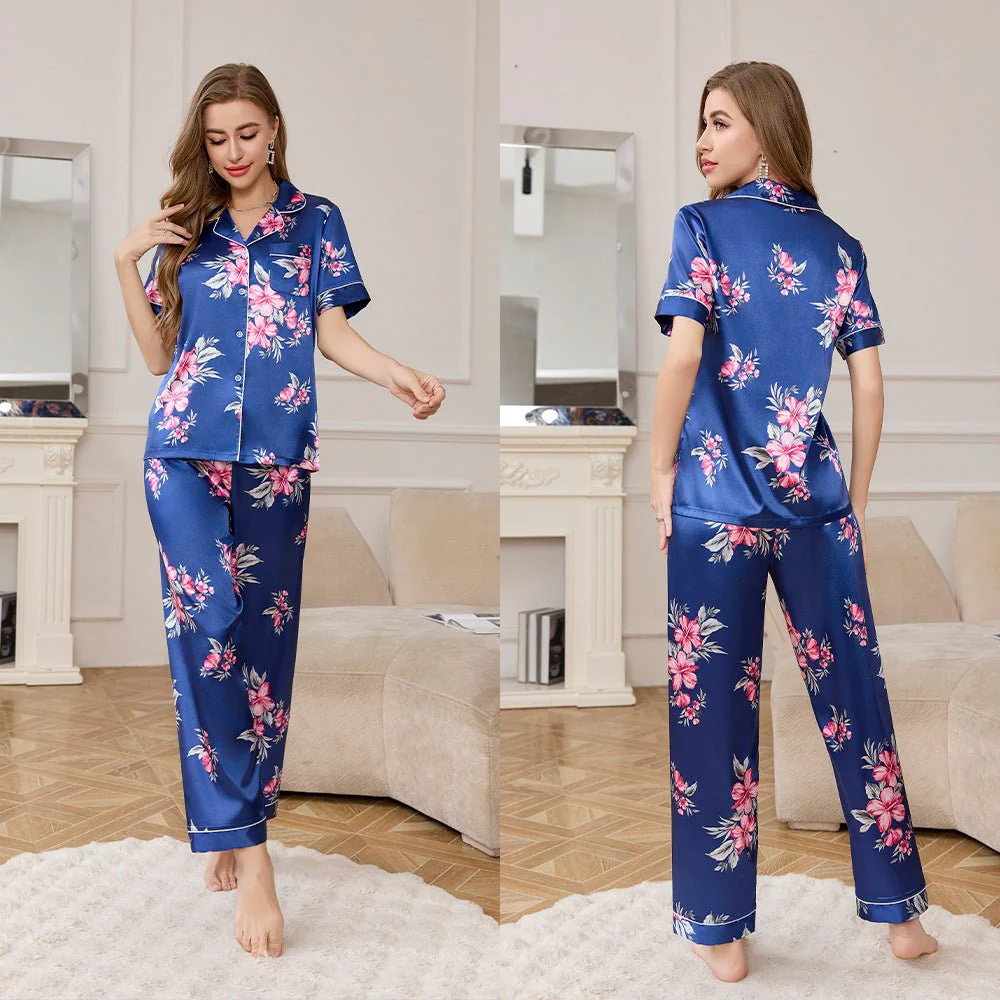 The Radiant Escape | Women's Ice Silk Printed Lapel Pajama Set - Image 13