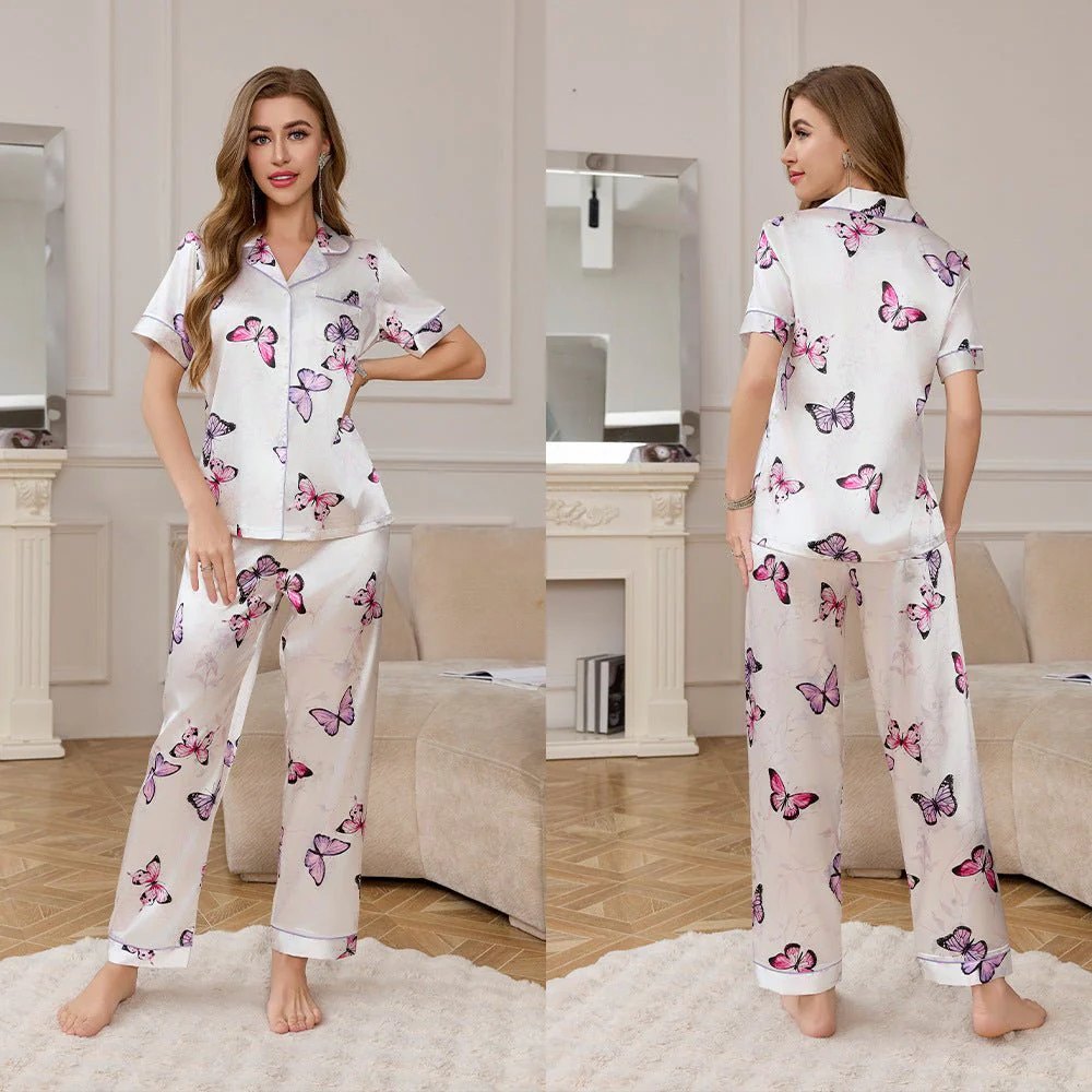 The Radiant Escape | Women's Ice Silk Printed Lapel Pajama Set - Image 14