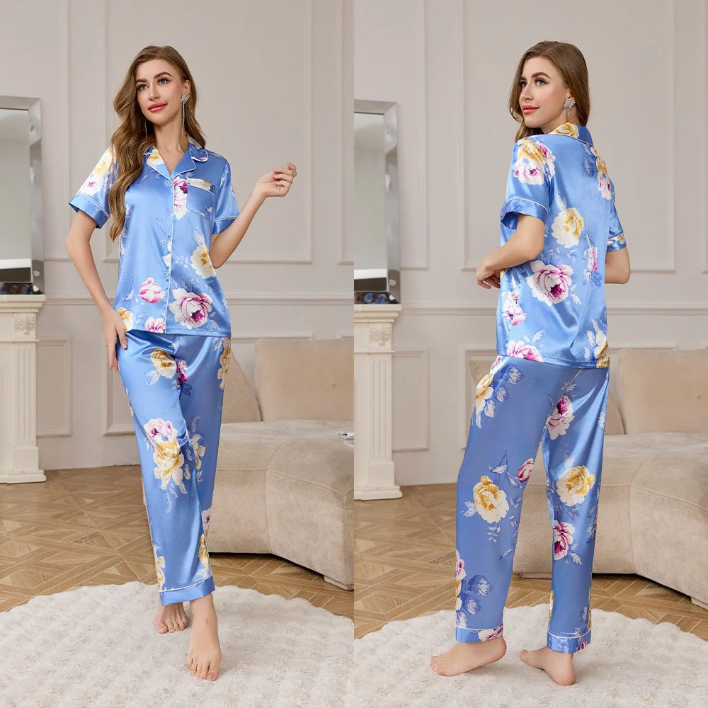 The Radiant Escape | Women's Ice Silk Printed Lapel Pajama Set - Image 9