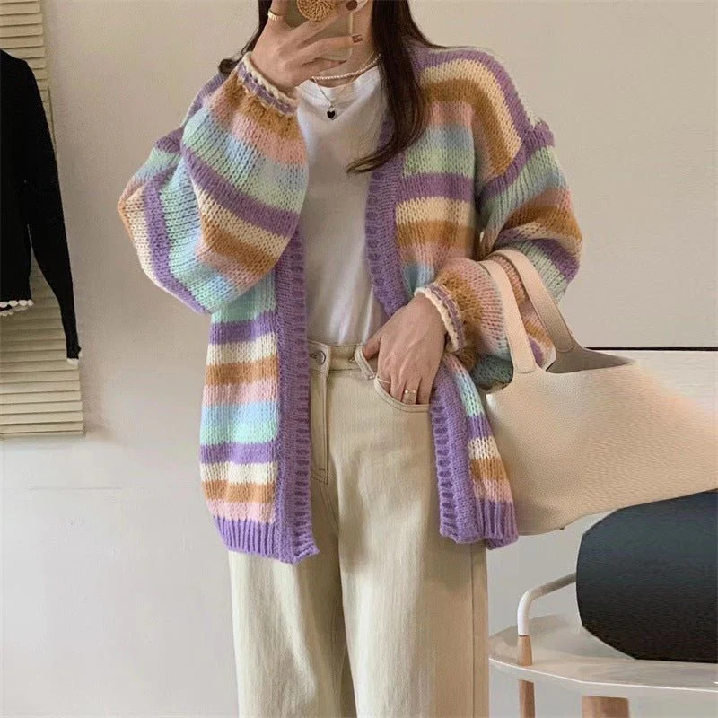 The Rainbow Vibe | Rainbow Stripe V-Neck Knitted Cardigan