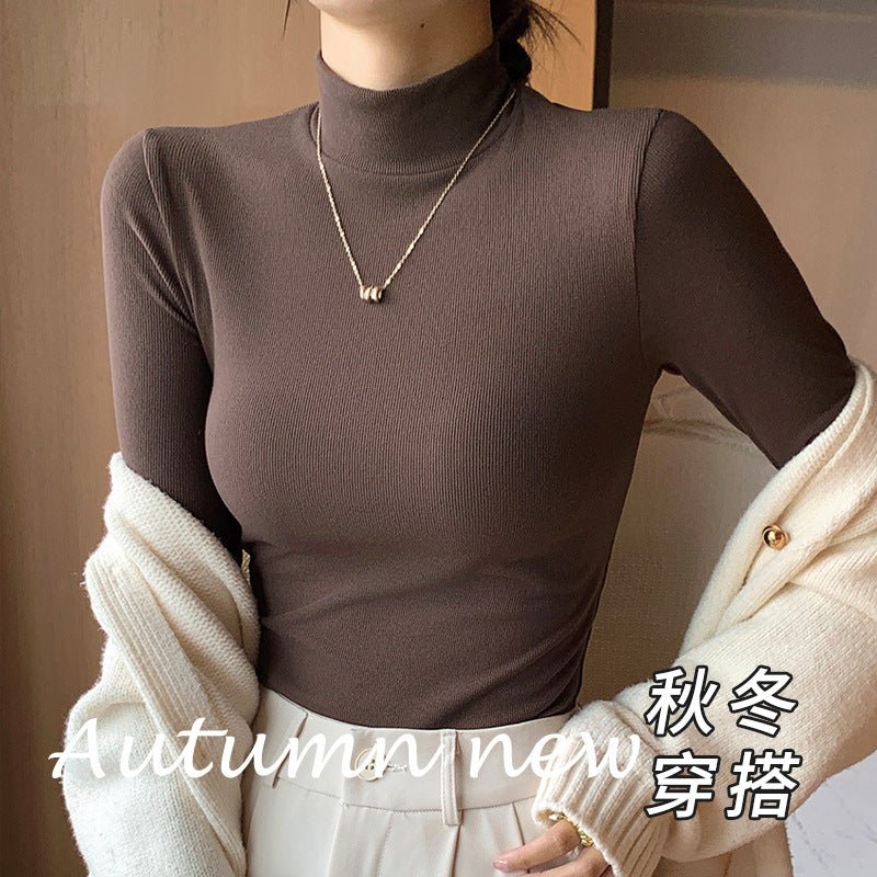 The Refined Base | Solid Color Semi-Turtleneck Knitted Long-Sleeve Top - Image 2