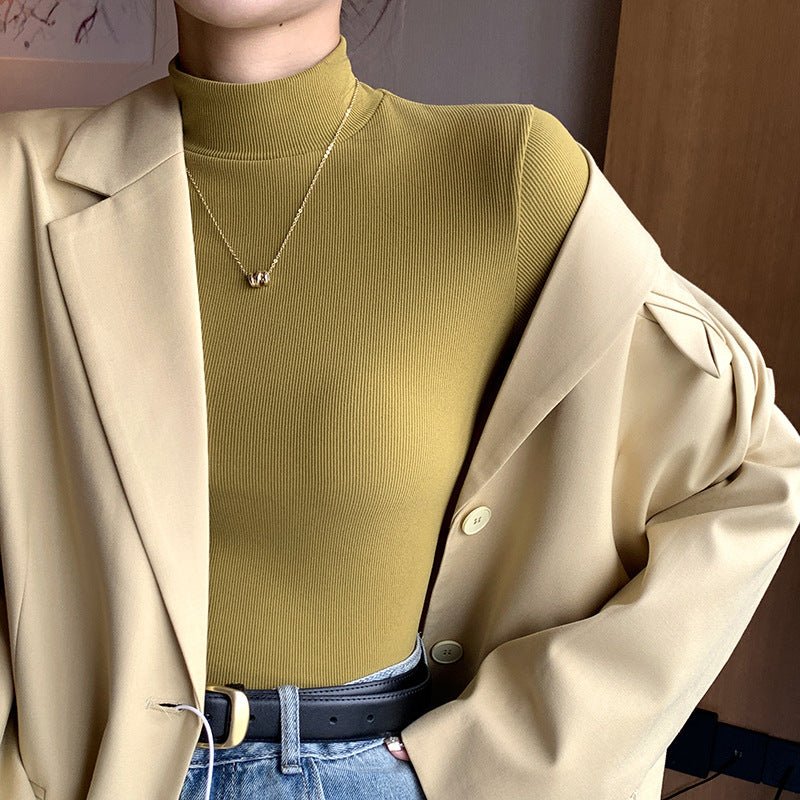 The Refined Base | Solid Color Semi-Turtleneck Knitted Long-Sleeve Top FD