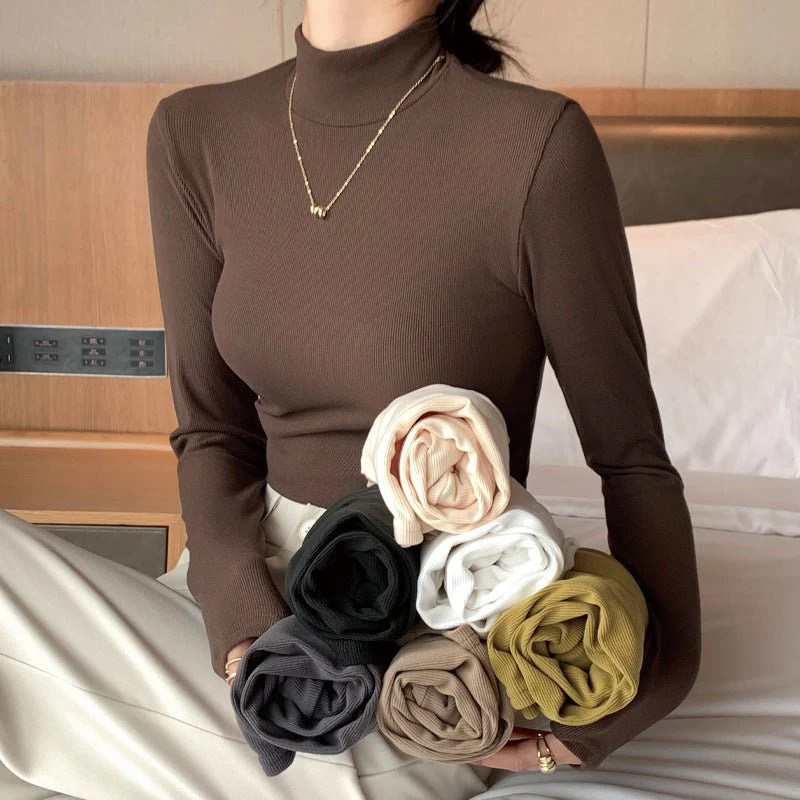 The Refined Base | Solid Color Semi-Turtleneck Knitted Long-Sleeve Top FD - Image 4