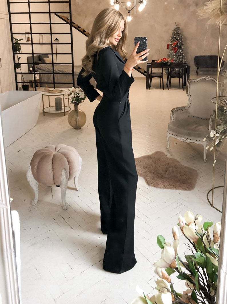 The Refined Flow | Solid Color Wine Red Long-Sleeve Wide-Leg Jumpsuit - Image 11