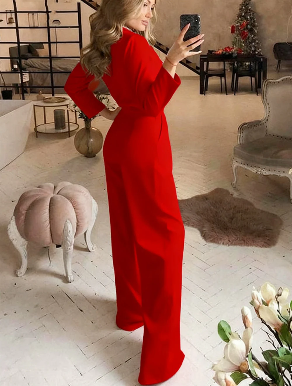 The Refined Flow | Solid Color Wine Red Long-Sleeve Wide-Leg Jumpsuit - Image 15
