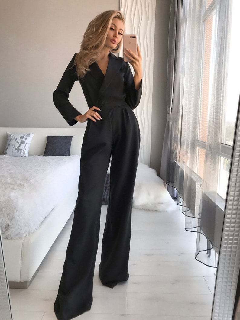 The Refined Flow | Solid Color Wine Red Long-Sleeve Wide-Leg Jumpsuit - Image 7