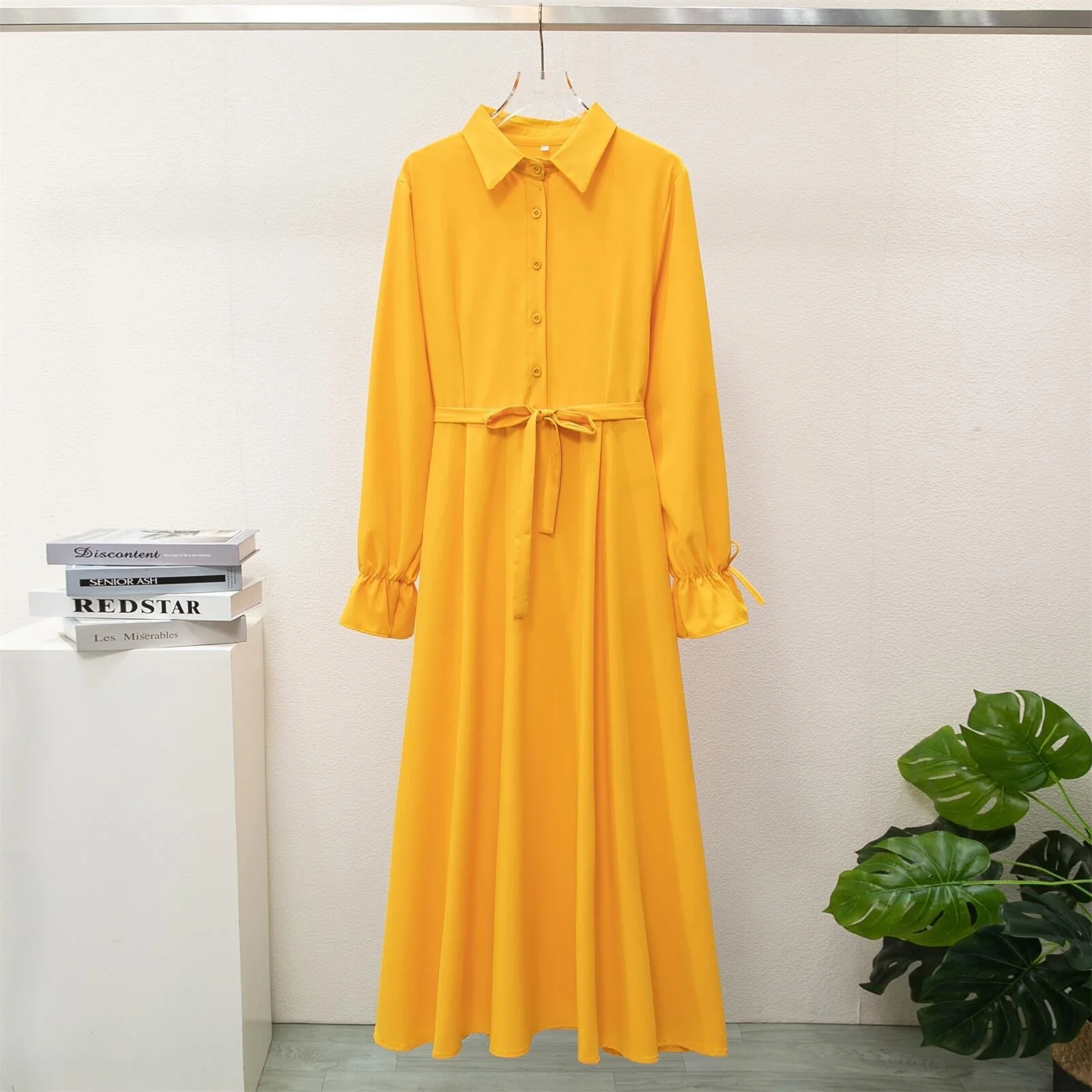 The Refined Grace | Solid Color Polo Collar Horn-Sleeve A-Line Long Dress - Image 2
