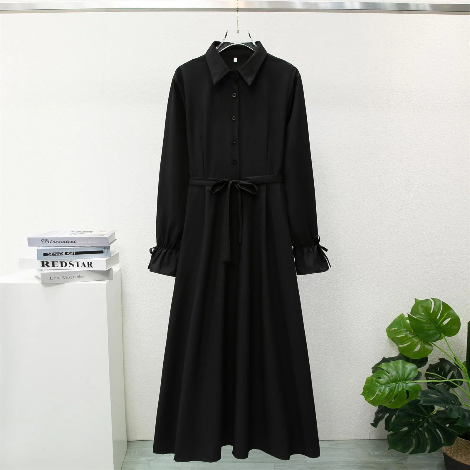 The Refined Grace | Solid Color Polo Collar Horn-Sleeve A-Line Long Dress - Image 3