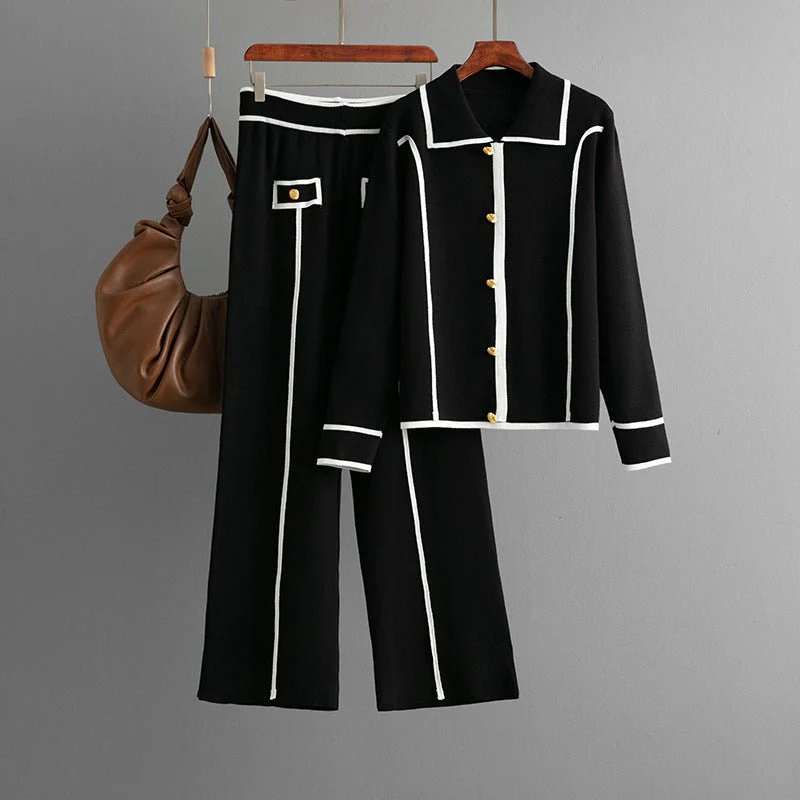 The Refined Knit | Solid Color Polo Collar Sweater & Wide-Leg Pants Set FD - Image 3