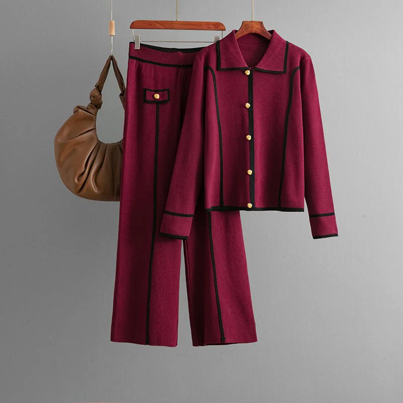 The Refined Knit | Solid Color Polo Collar Sweater & Wide-Leg Pants Set FD - Image 4