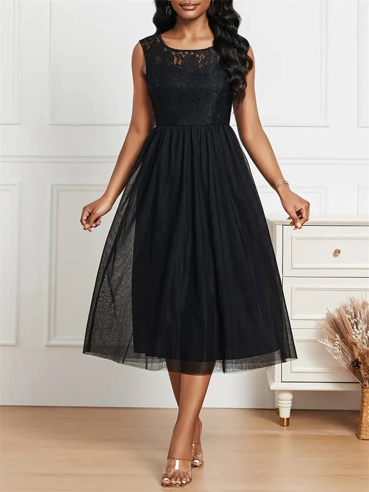 The Refined Lace | Solid Black Lace Mesh Crew Neck A-Line Midi Dress